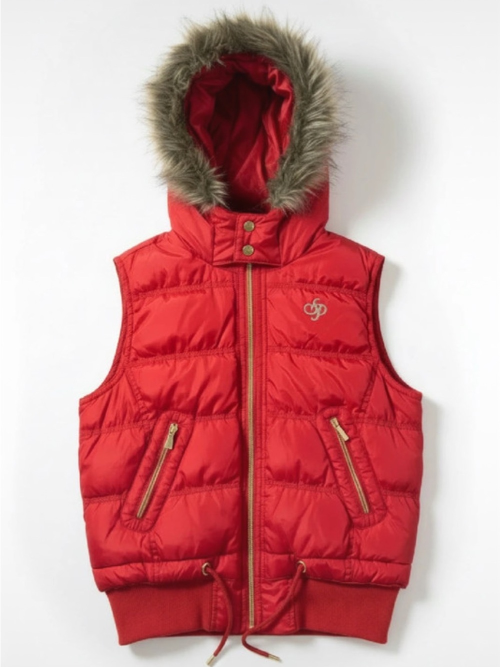 Y2K Red Puffer Vest with Faux Fur Hood